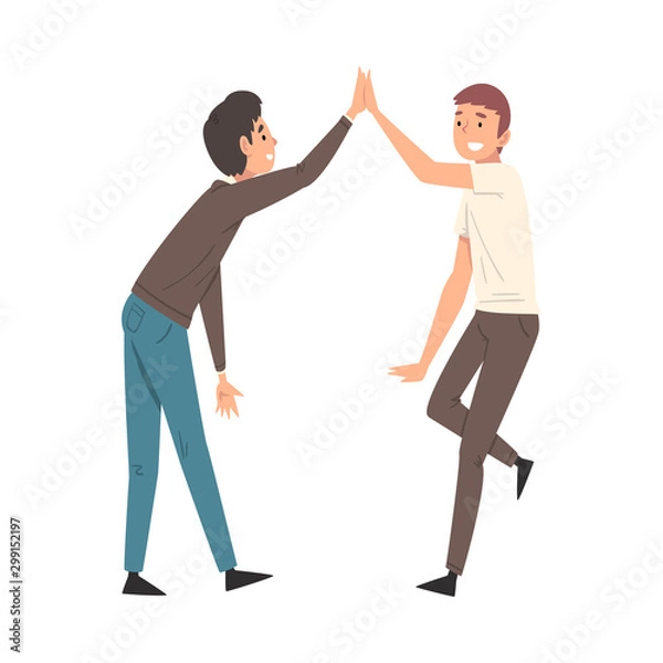 Fototapeta Two Men Giving High Five to Each Other, Meeting of Two People, Greeting of Freinds or Partners Vector Illustration