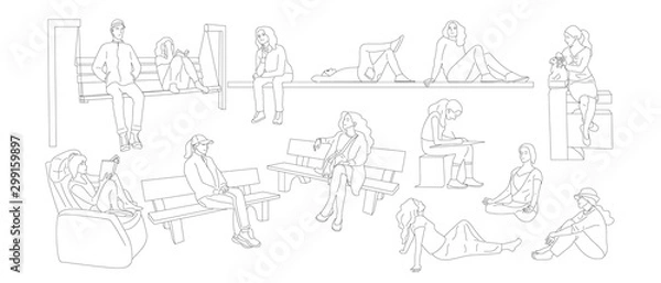 Fototapeta Set of sitting people. Bundle of women sitting on grass, benches. Isolated on white background. Flat style cartoon stock vector