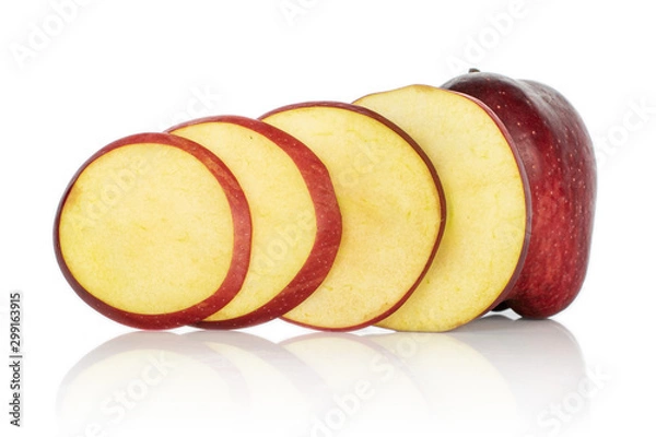 Fototapeta Group of one whole four slices of fresh apple red delicious isolated on white background