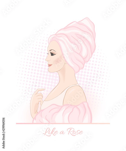 Fototapeta Beautiful woman 30-39 or 40-49 woman with a towel on her head. Hand drawn portrait, vector line art illustration in pink colors.