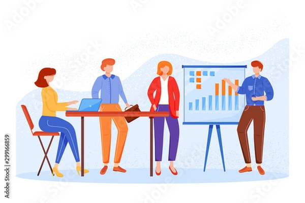 Fototapeta Business meeting flat vector illustration. Office worker presenting report. Teamwork concept. Brainstorming for ideas. Company strategy discussion. Faceless cartoon characters in conference room