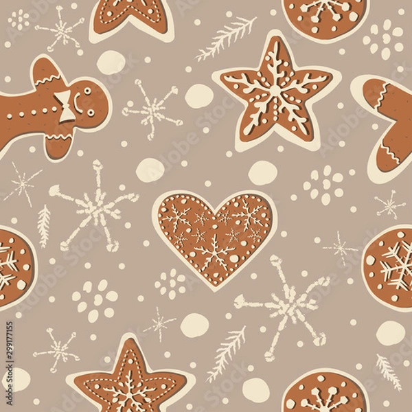 Obraz Cute Winter Seamless Pattern with gingerbread cookies.