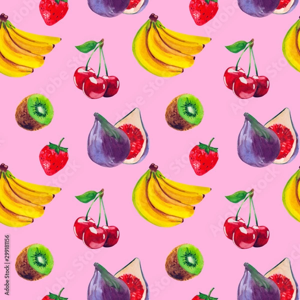 Fototapeta watercolor fruit seamless pattern with banana, cherry, kiwi, and fig