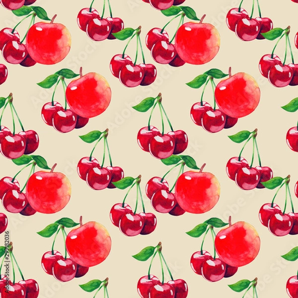 Fototapeta watercolor fruit seamless pattern with cherry and apple