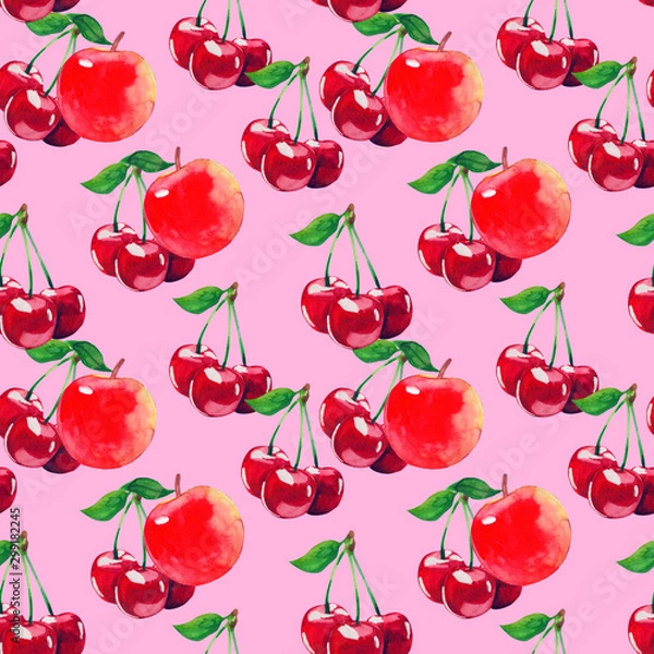 Fototapeta watercolor fruit seamless pattern with cherry and apple