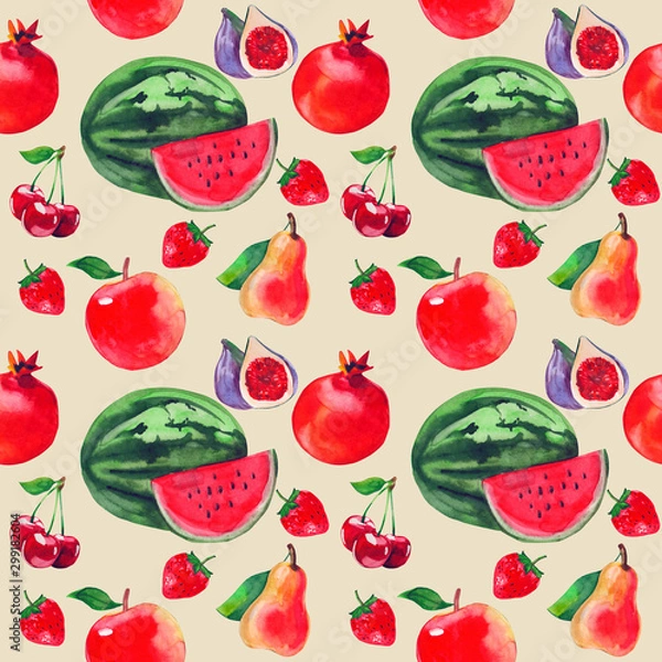 Fototapeta watercolor seamless pattern with watermelon, strawberries, pomegranate, fig, pear and charry