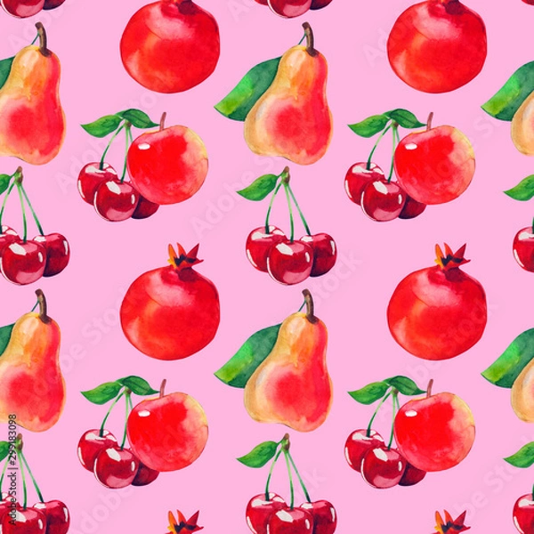 Fototapeta watercolor fruit seamless pattern with charry, pear, apple and pomegranate