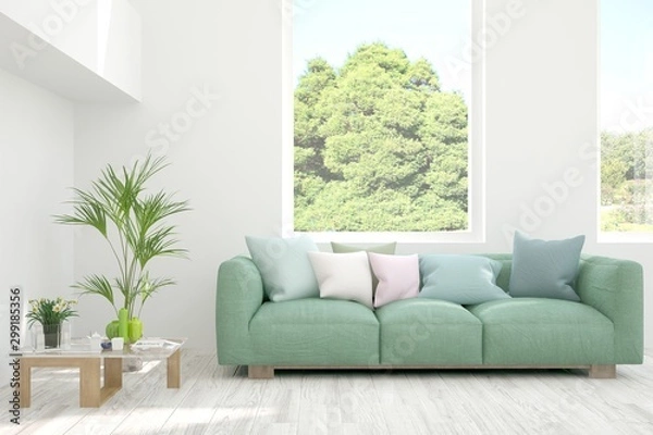 Fototapeta Stylish room in white color with sofa and summer landscape in window. Scandinavian interior design. 3D illustration