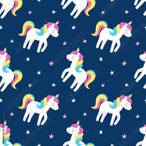 Fototapeta Seamless cute pattern, rainbow unicorn, little horse, magic star, design for print, packaging, fabric, wallpaper. Vector illustration for children.