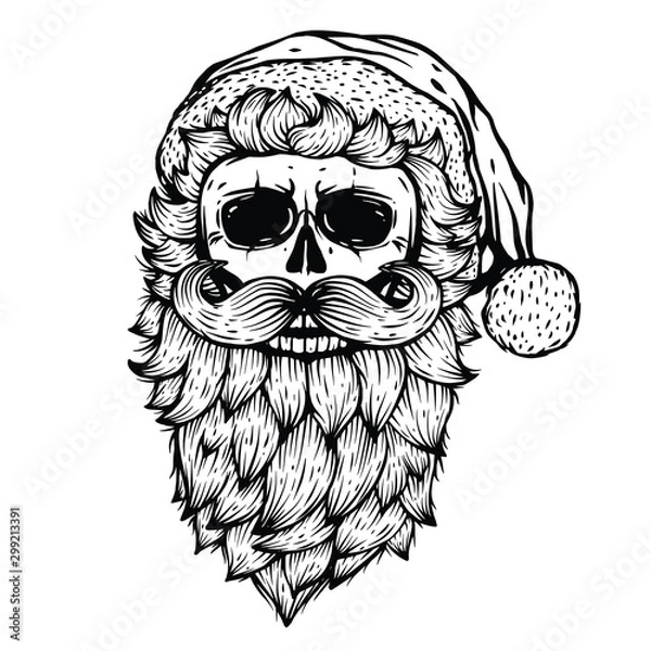 Obraz Vector Skull black illustration isolated on white background. Bad Santa image. Skeleton head. Holiday home decor print. T shirt design. Halloween, Christmas, New Year graphic design. 
