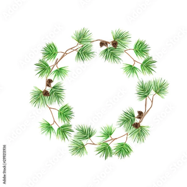 Fototapeta Christmas Greeting card, poster, banner concept. Round Frame of pine branches and cones on white background, New Year hand drawn watercolor illustration with copy space for text