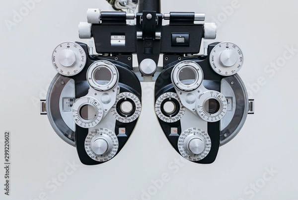 Fototapeta phoropter close up view of ophthalmology, optometry, and optician clinical testing machine equipment