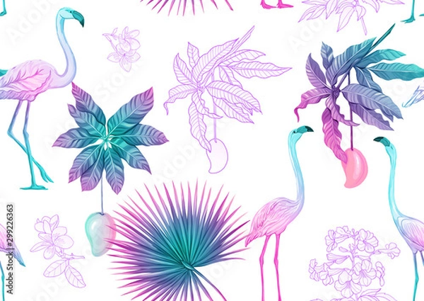 Fototapeta Tropical plants and flowers and birds. Seamless pattern, background. Colored and outline design. Vector illustration in neon, fluorescent colors. Isolated on white background..