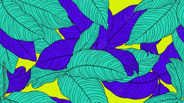 Obraz Foliage seamless pattern, leaves line art ink drawing in blue and green on yellow