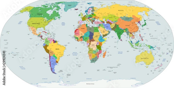 Fototapeta Globalna mapa polityczna świata, wektor