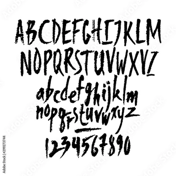 Obraz Vector numbers lowcase and uppercase letters. Hand written latin alphabet. Isolated black on white background. Clipping paths included.