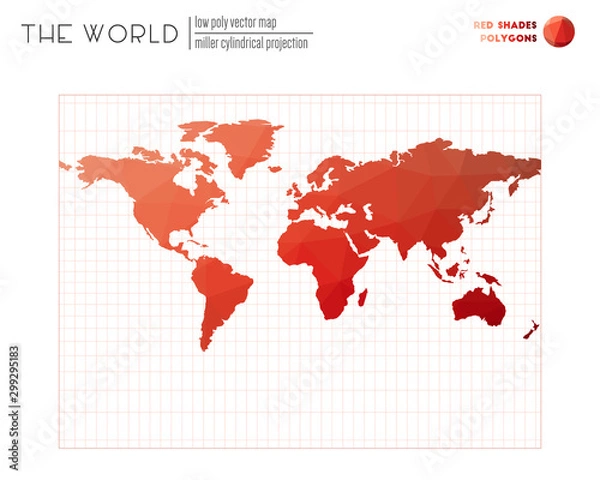 Fototapeta Polygonal world map. Miller cylindrical projection of the world. Red shades colored polygons. Amazing vector illustration.