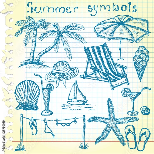 Fototapeta Hand-drawn summer symbols - vector illustration