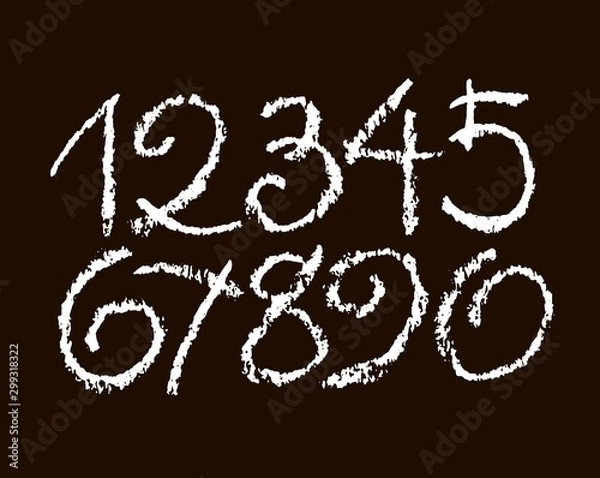 Fototapeta set of calligraphic pastel or chalk numbers. ABC for your design, pastel lettering on a black background