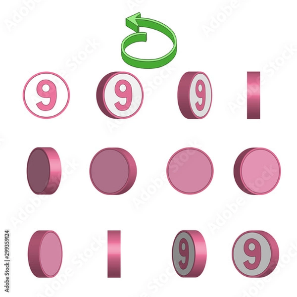 Obraz Number 9 in circle rotation sequence sprite sheet on white background. Vector illustration