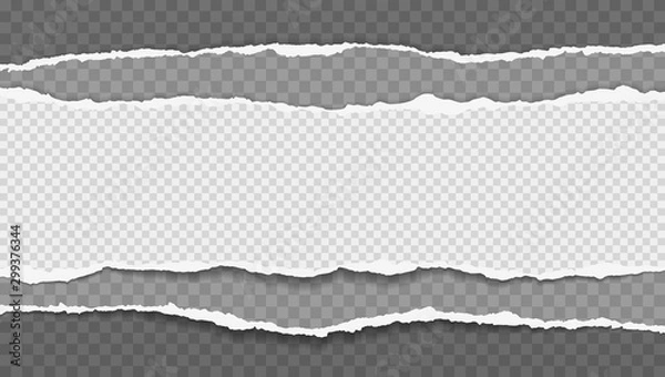 Fototapeta Pieces of torn, white and grey realistic horizontal paper strips with soft shadow are on black squared background. Vector illustration