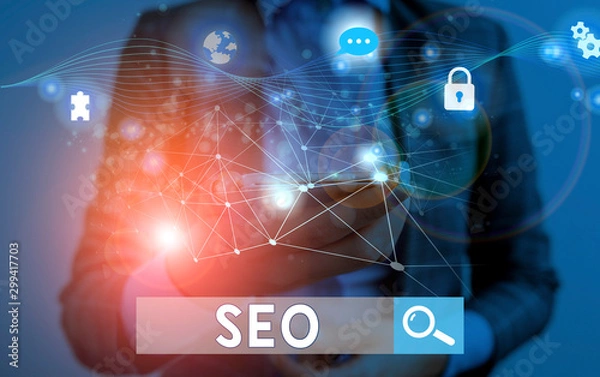 Fototapeta Text sign showing Seo. Business photo showcasing incredibly effective way to market your near business online Picture photo system network scheme modern technology smart device