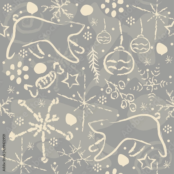 Fototapeta Cute Winter Pattern with bears and ornaments. Vector Illustration.