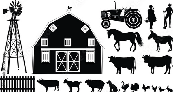 Obraz Set of farm life silhouette vector