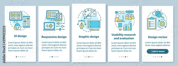 Fototapeta Oprogramowanie Kreatywny interfejs Rozwój Onboarding Ekran strony aplikacji mobilnej z koncepcjami liniowymi. Instrukcje obserwacji projektowania graficznego interfejsu użytkownika. UX, UI, Szablon wektora GUI z ilustracjami