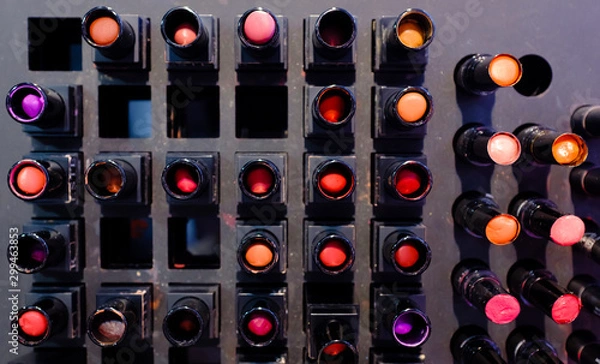 Obraz used Lipstick on display shelf, Cosmetics tester panel