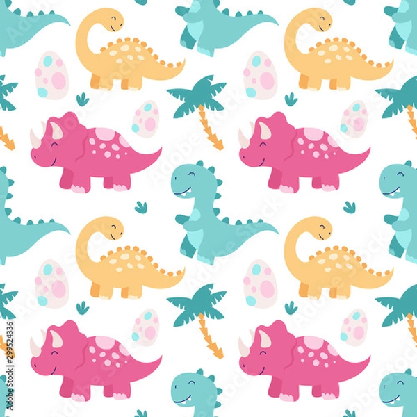 Fototapeta Seamless cute pattern with dinosaurs. Triceratops, brontosaurus, tyrannosaurus, egg, tropical leaves. Pattern for children on a white background. Print for fabric, wallpaper, textile, packaging.