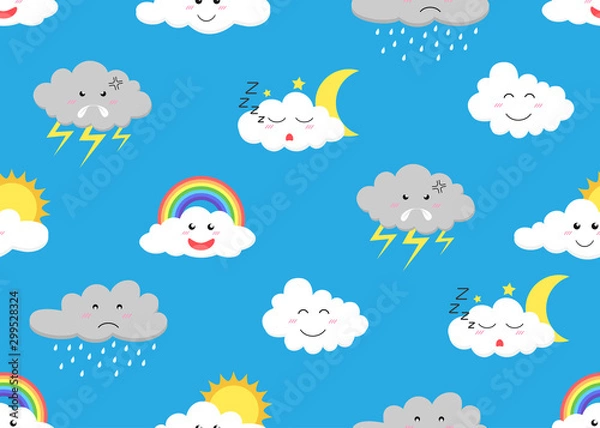 Fototapeta Seamless pattern of cute cloud cartoon emojis icon set with different expressions on sky background - Vector illustration