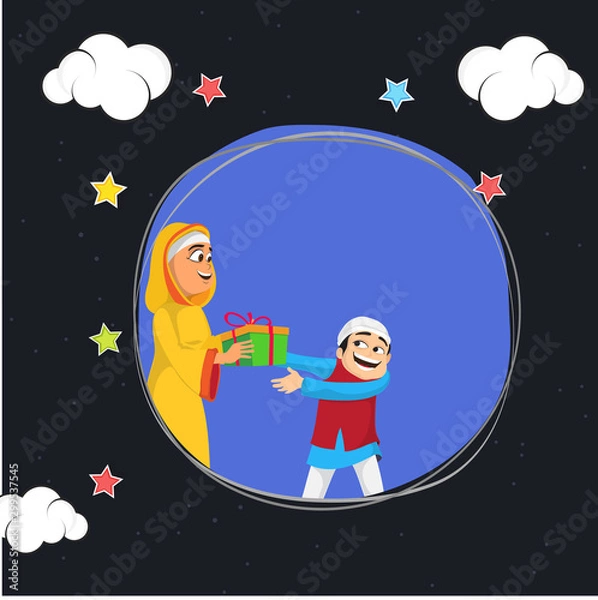 Fototapeta Eid celebration background with cute characters.
