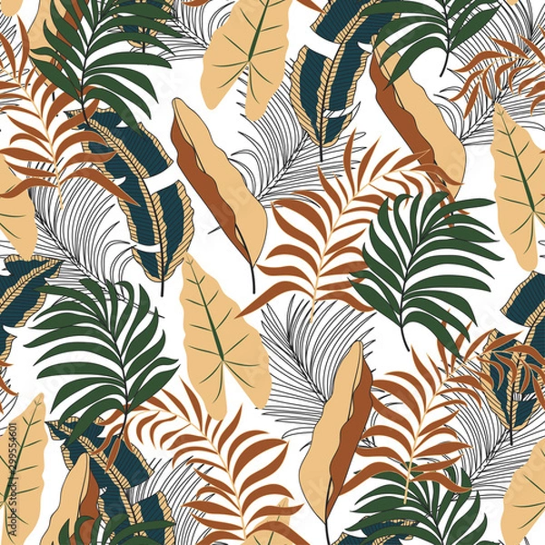 Fototapeta Summer seamless tropical pattern with bright yellow and green leaves and plants on white background. Seamless exotic pattern with tropical plants. Exotic jungle wallpaper. 