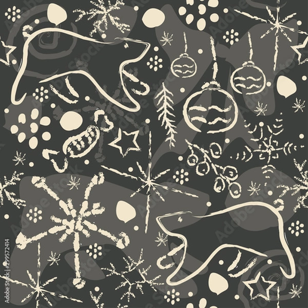 Fototapeta Seamless Winter Pattern with cute hand drawn elements.