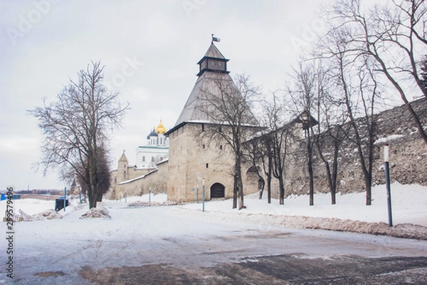 Obraz Ancient walls of the Pskov Kremlin. Russia. January 2019.