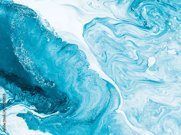 Obraz Niebieski ze srebrnym kreatywnym abstrakcyjnym ręcznie malowanym tłem, marmurowa tekstura, abstrakcyjny ocean