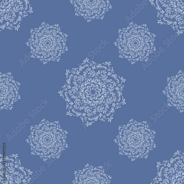 Fototapeta Zentangle mandala, seamless pattern, vector design element. Ornamental round blue doodle flower, leaves isolated on red. ornament for gift wrapping paper, textile, surface textures.