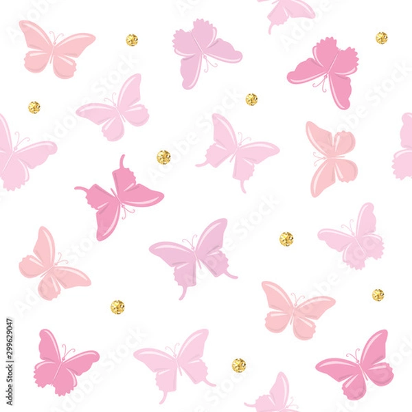 Fototapeta Butterflies with glitter polka dots seamless pattern background. Cute cartoons. Girly. Vector