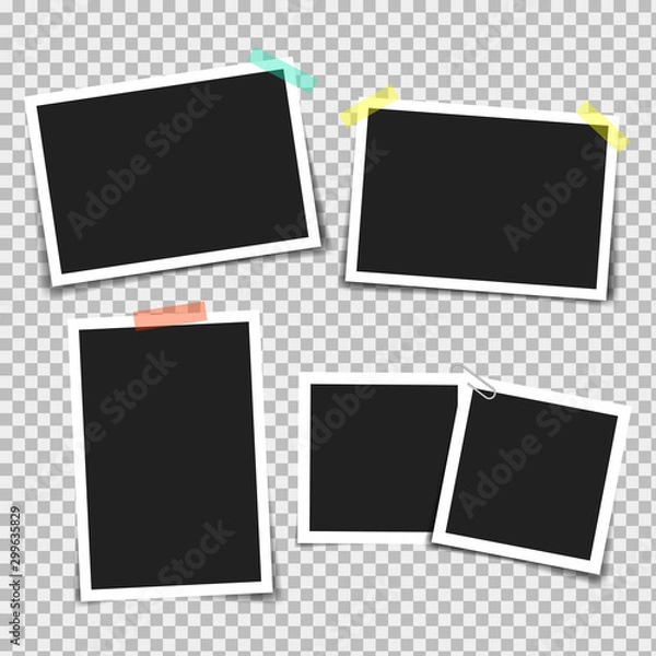 Fototapeta Photo frame with adhesive tape of different colors and paper clip. Photo realistic vector makeup of different size on transparent background