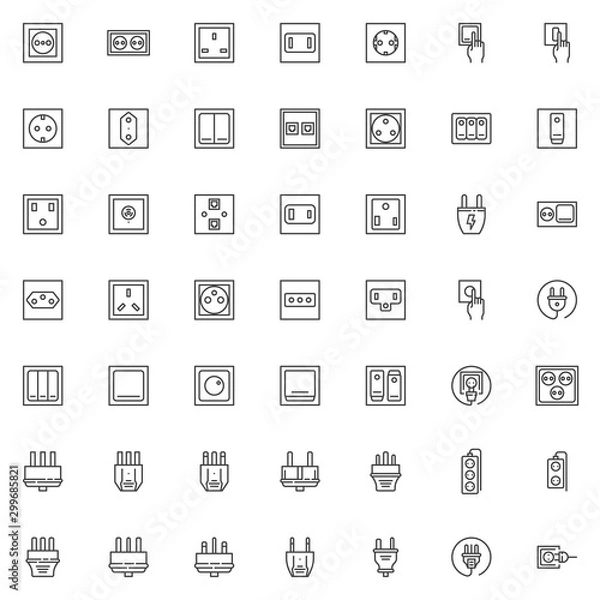 Fototapeta Electric plug and socket line icons set. linear style symbols collection outline signs pack. vector graphics. Set includes icons as power switches type, electrical socket, toggle switch, turn on light