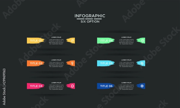 Fototapeta Six 6 Options brush stroke infographic step chart workflow  element Plan Slide Template with dark black background theme