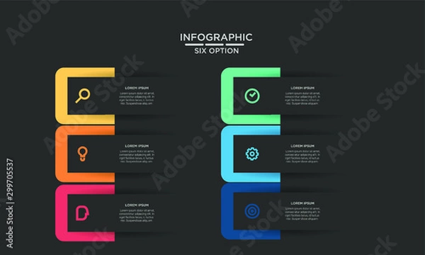 Fototapeta Six 6 Options infographic step chart workflow  element Plan Slide Template with dark black background theme