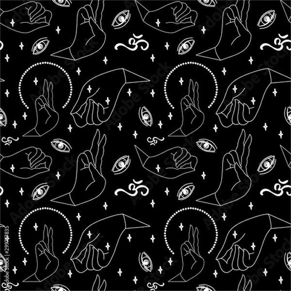 Fototapeta Indian mudras and mystic seamless pattern