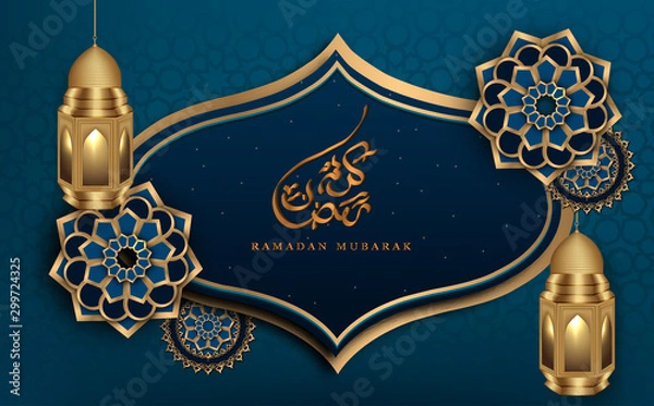 Obraz ramadan mubarak calligraphy with lanterns and floral designs in paper art style