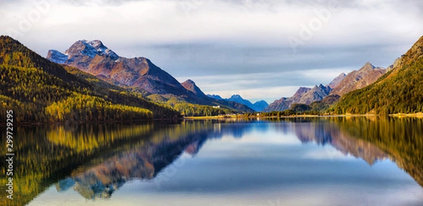 Obraz Mountain lake panorama with mountains reflection. Idyllic look. Autumn forest. Silvaplana Lake, Switzerland