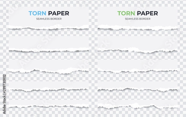 Fototapeta Seamless torn ripped paper layered isolated. White color. Transparent background. Stripes, scraps of paper set. Realistic template. Simple modern design. Flat style vector illustration.