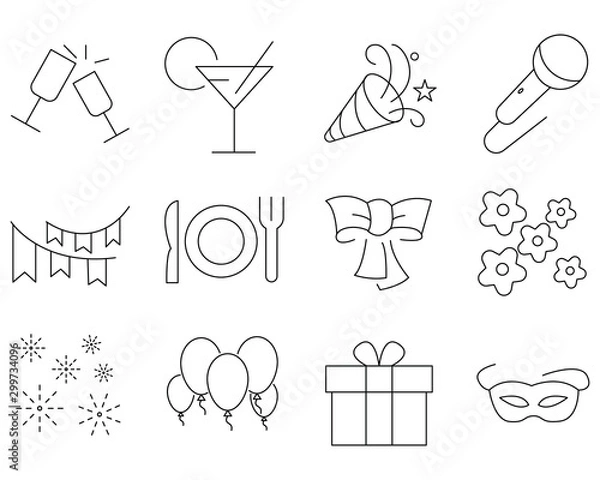 Obraz set icon of party vector design, included as karaoke, glass, ribbon, gift, spoon and fork.