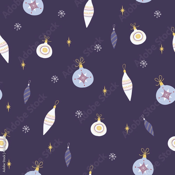 Fototapeta Seamless pattern with christmas decorations and snowflakes on purple background.