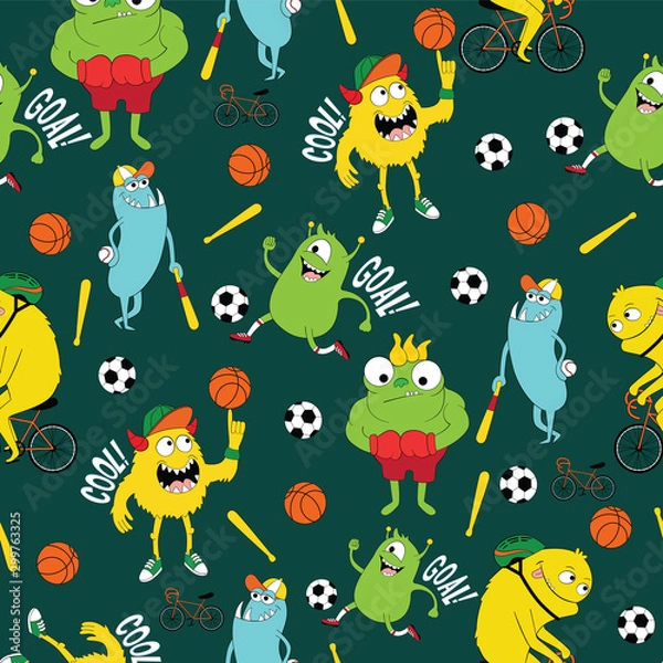 Fototapeta Cute kids monster pattern for girls and boys. Colorful sport monster on the abstract bright background. The monster pattern is made in bright colors. Grunge sport kids pattern for textile and fabric